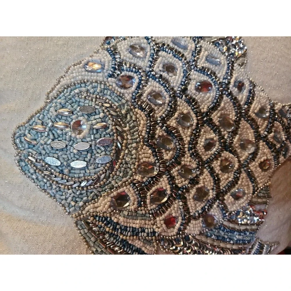 Pier One Light Blue Velour/beaded Fish Pillow, Throw Pillow 13x13